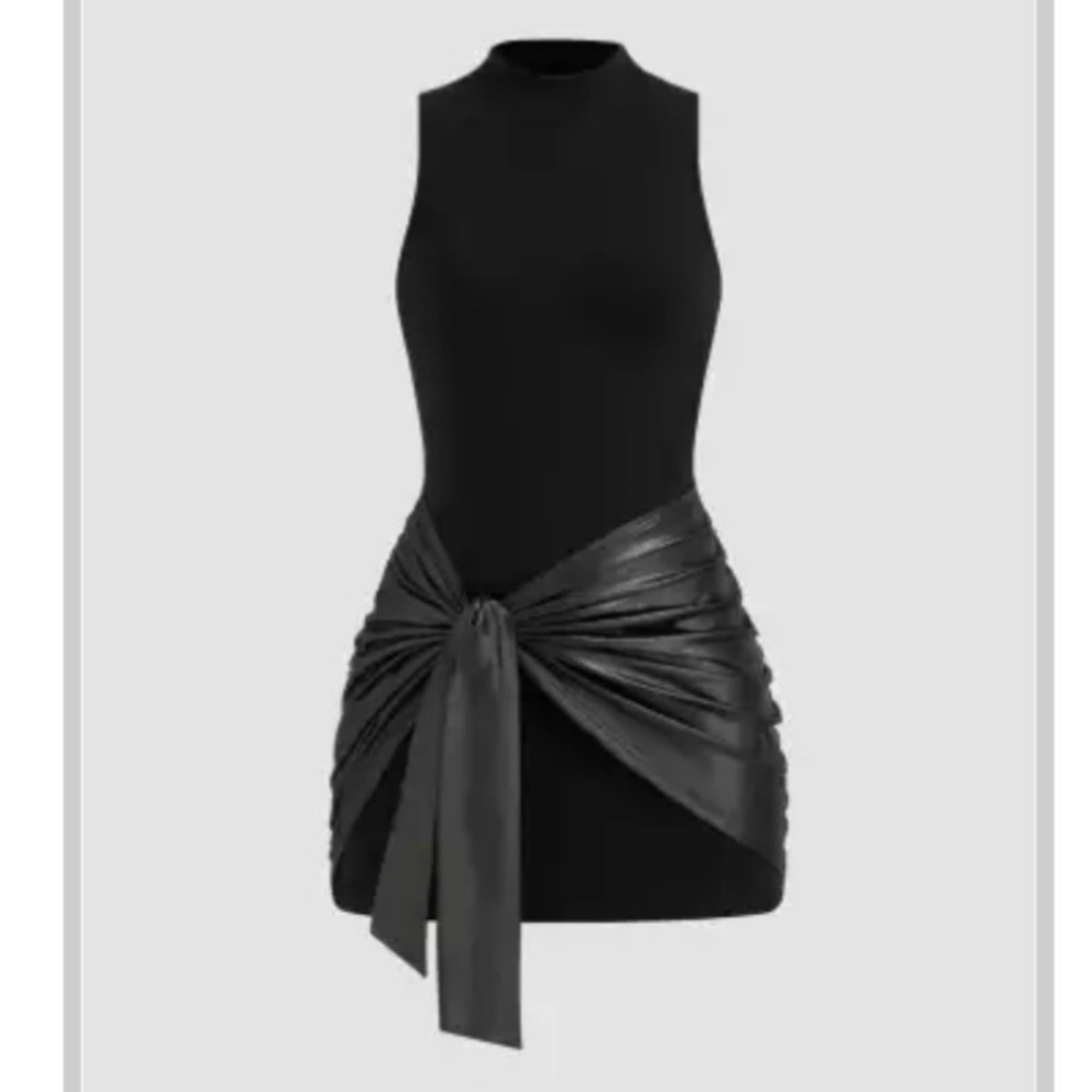 Cider Black High neck Ruched  Knotted Mini Dress w/Branded Tag